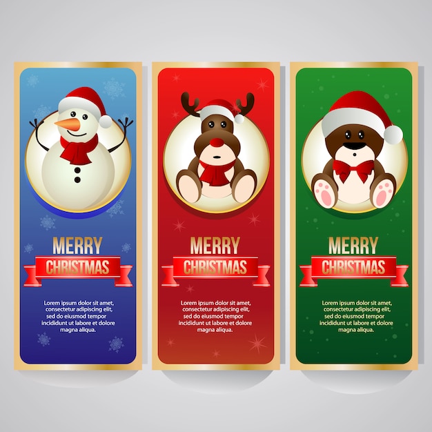 Banner vertical navideño con muñeco de nieve oso y reno