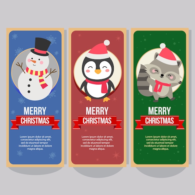 Banner vertical navideño con muñeco de nieve pingüino zorro