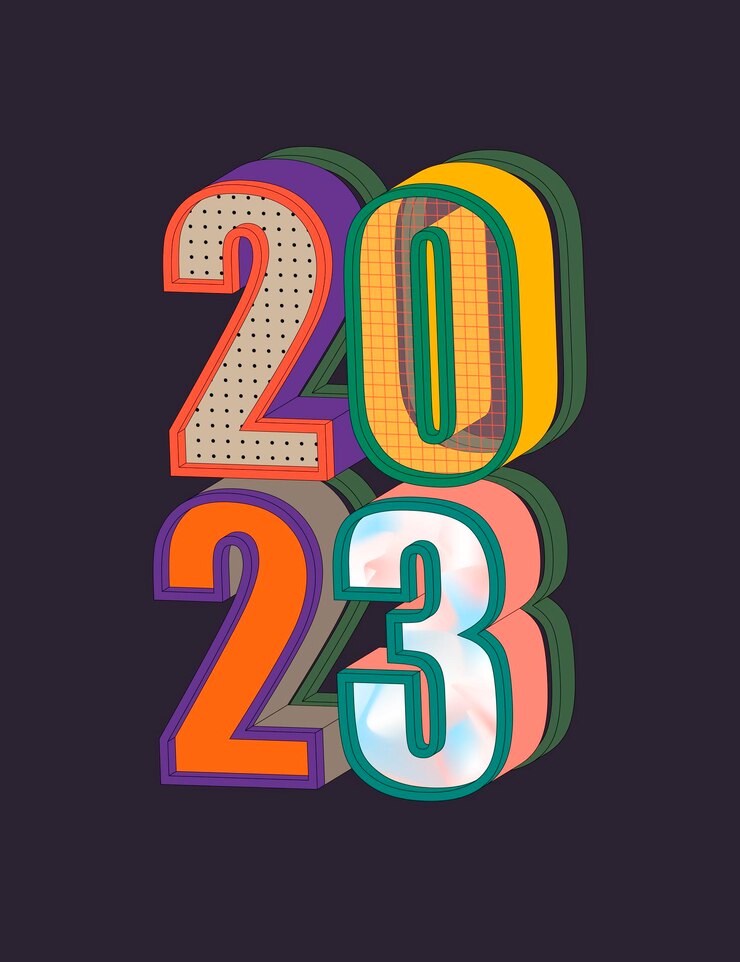Vector banner vertical con números volumétricos 2023 año nuevo en estilo pop art colores brillantes estilo moderno de moda vector aislado ilustración plana editable