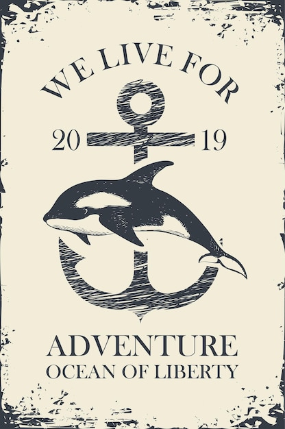 banner de viaje por mar con ballena asesina y ancla