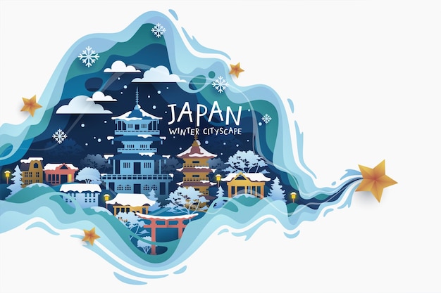 Banner de viaje de monumentos famosos de Japón en invierno