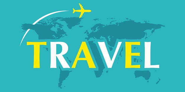 Banner de viaje o volante con avión y mundo.
