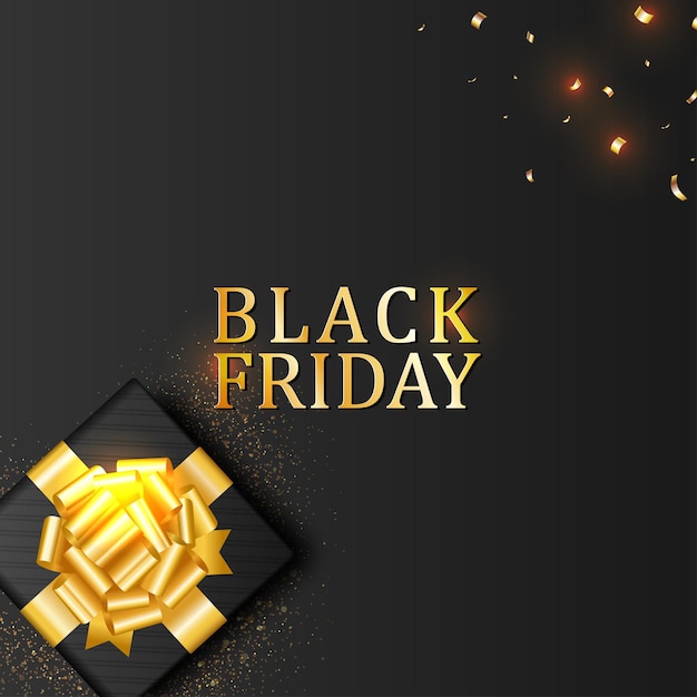 Banner de viernes negro con caja de regalo Vista superior sobre fondo negro Diseño de lujo