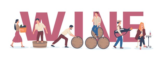 Banner de vinificación Proceso de producción de vino Gente cosechando uvas y preparando bebidas alcohólicas en barriles entregando botellas con bebidas a los clientes en tiendas o bares