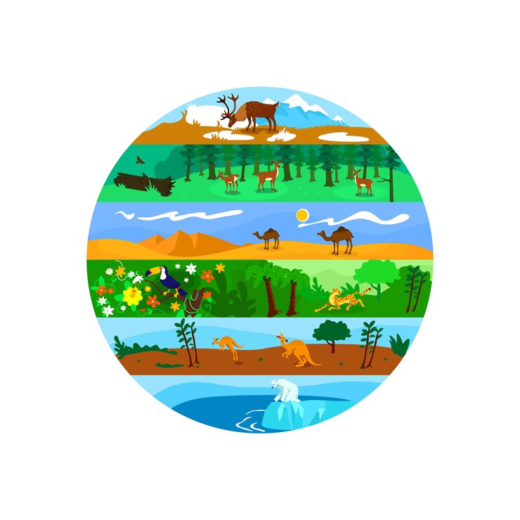 Banner web 2D de biodiversidad, póster. Vida salvaje mundial. Paisaje plano de variedad de naturaleza global sobre fondo de dibujos animados. Parche imprimible del ecosistema terrestre y marino, elemento web colorido