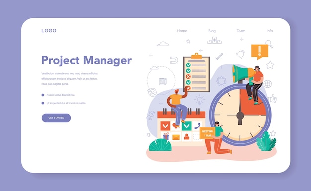 Banner web de administrador de proyectos o página de destino. Planificación, desarrollo y programación de proyectos comerciales exitosos. Estrategia de gestión y marketing. Ilustración vectorial en estilo de dibujos animados