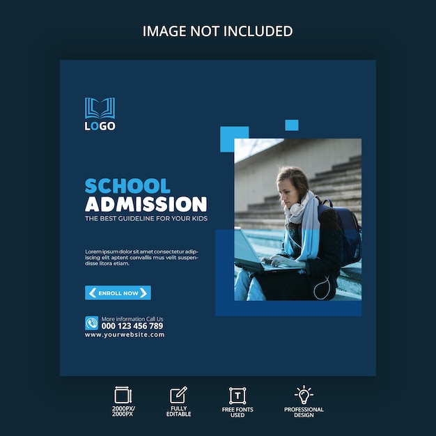 Vector banner web de admisión a la escuela y plantilla de publicación en redes sociales