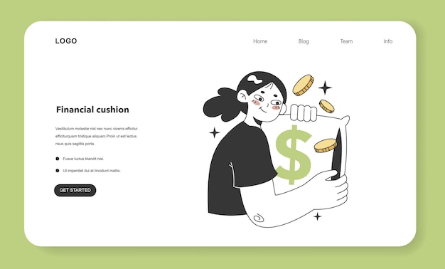 Banner web de alfabetización financiera o página de aterrizaje mujer joven construyendo un cojín financiero ahorros de dinero