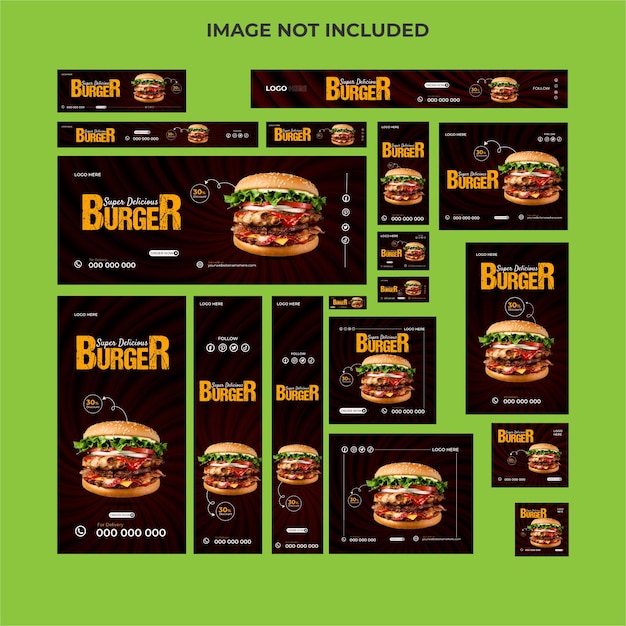 Banner de web de alimentos de restaurante de hamburguesas de vector y anuncios de google y promoción