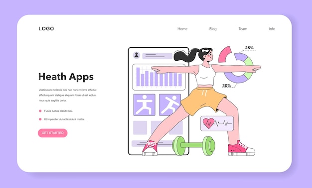 Banner web de aplicación de seguimiento de la salud o página de aterrizaje personaje femenino utilizando un dispositivo digital para