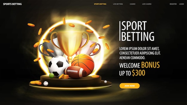 Banner web de apuestas deportivas con copas de balones deportivos y monedas de oro que caen en un banner oscuro de escena negra con elementos deportivos