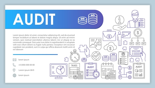 Banner de web de auditoría, plantilla de vector de tarjeta de visita. página de contacto de la empresa contable con teléfono, iconos lineales de correo electrónico. presentación de análisis financiero, idea de página web. maquetación de diseño de impresión corporativa