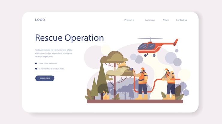 Vector banner de web de bombero o página de destino. cuerpo de bomberos profesional luchando con llama. personaje sosteniendo una manguera de hidrante, regando incendios forestales o incendios domésticos. ilustración vectorial plana