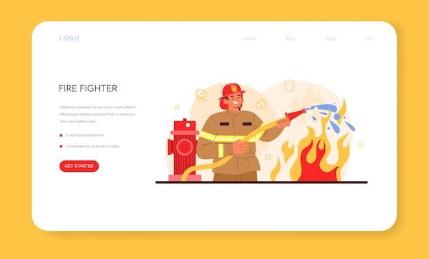 Banner de web de bombero o página de destino. Cuerpo de bomberos profesional luchando con llama. Trabajador del departamento de bomberos vistiendo un uniforme sosteniendo una manguera de hidrante, regando el fuego. Ilustración vectorial plana