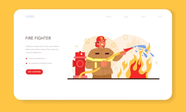 Vector banner de web de bombero o página de destino. cuerpo de bomberos profesional luchando con llama. trabajador del departamento de bomberos vistiendo un uniforme sosteniendo una manguera de hidrante, regando el fuego. ilustración vectorial plana