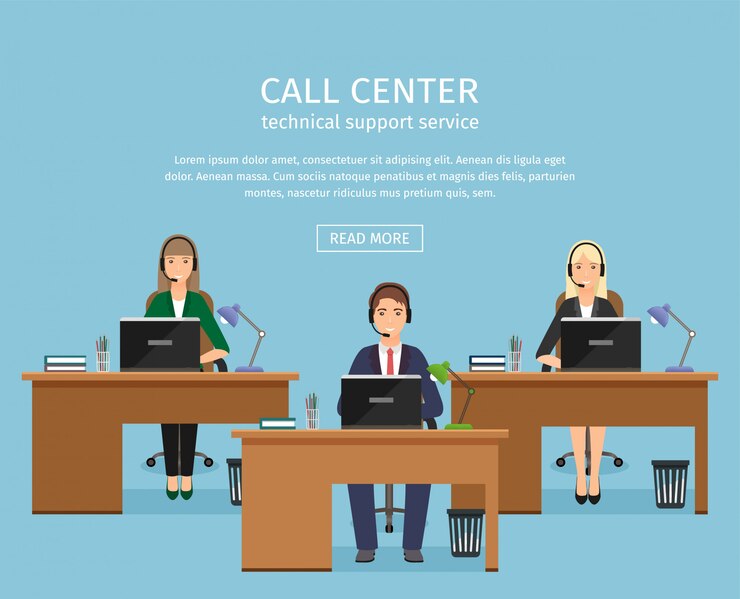 Vector banner web de call center con tres empleadas en lugares de trabajo en la oficina con texto simple y plantilla de botón.