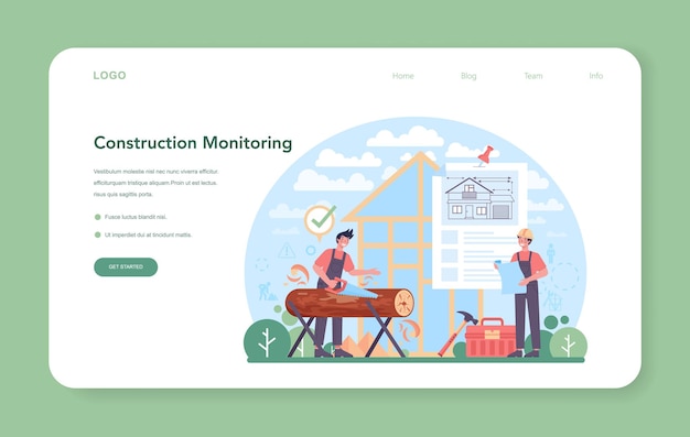 Banner web de capataz o página de destino. Ingeniero principal que supervisa el sitio de construcción. Constructor profesional en casco, industria de la construcción, negocio de desarrollo de viviendas. Plano. Ilustración vectorial.