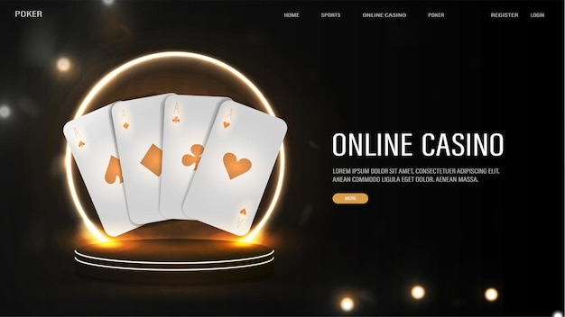 Un banner web con cartas de póquer blancas y doradas Un arco de neón brillante en el podio Un póster para un casino