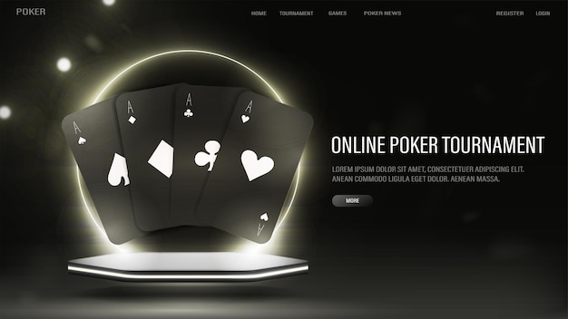 Vector un banner web con cartas de póquer en blanco y negro en un podio con un arco de neón brillante el concepto de un sitio web de casino