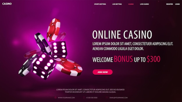 Banner web de casino con dados 3D de neón púrpura con una pila de fichas de casino realistas en rojo y negro sobre fondo púrpura