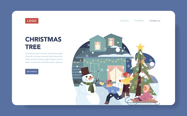 Banner web de celebración de Navidad o página de aterrizaje niños con ropa de exterior cálida jugando afuera en invierno