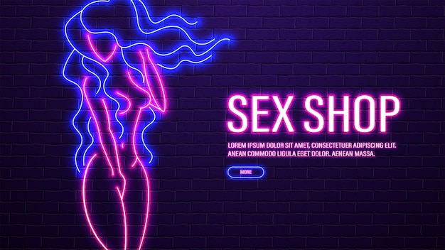 Un banner web con una chica de neón en rosa y azul Un concepto para una tienda de sexo