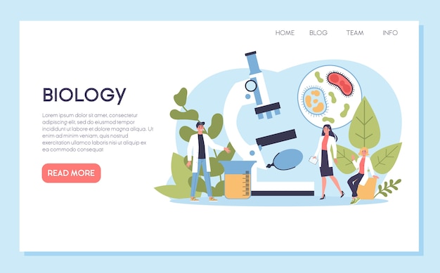 Banner web de ciencias biológicas o página de destino. Personas con microscopio hacen análisis de laboratorio. Idea de educación y experimentación.
