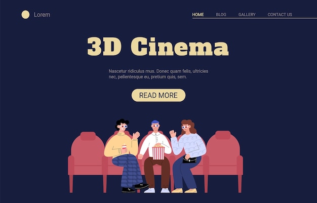 Vector banner web de cine 3d con gente viendo ilustraciones de vectores planos de películas