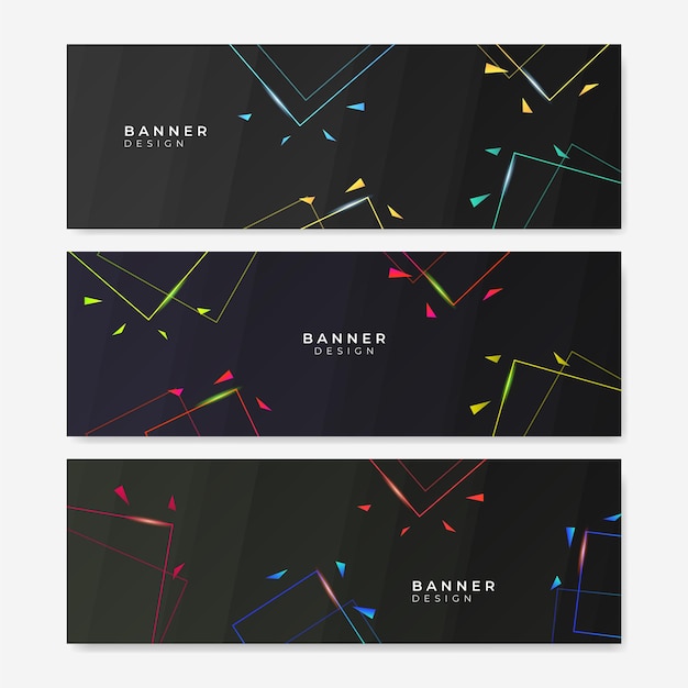 Banner web colorido con fondo geométrico abstracto. Colección de banners de promoción horizontal con degradados de colores pastel y telón de fondo geométrico abstracto. Diseño de encabezado. Plantilla de cupón vibrante.