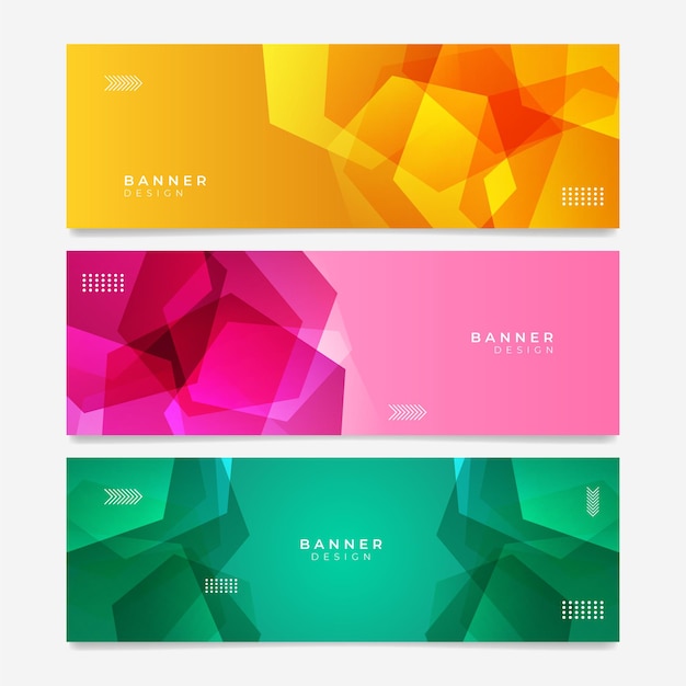 Banner web colorido con ondas y formas geométricas. Colección de banners de promoción horizontal con colores degradados vibrantes y vivos y un telón de fondo abstracto. Diseño de encabezado. Plantilla de cupón vibrante.