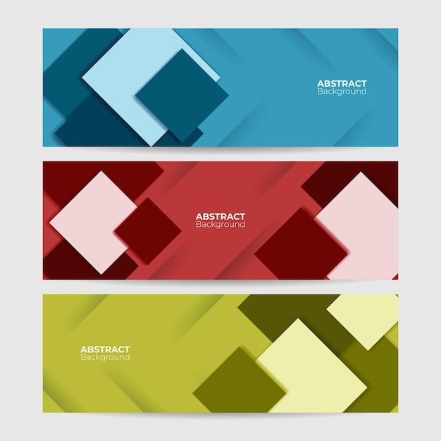 Banner web colorido con pulsador. Colección de banners de promoción horizontal con colores degradados y telón de fondo geométrico abstracto. Diseño de encabezado. Plantilla de cupón vibrante. Vector eps 10