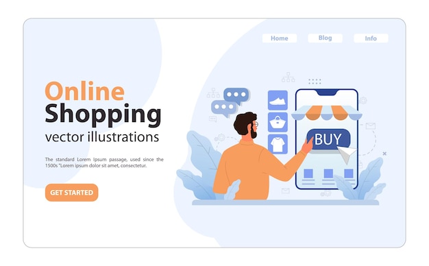 Banner web de comercio electrónico o página de aterrizaje compras en línea personaje masculino compra de bienes en una página en línea