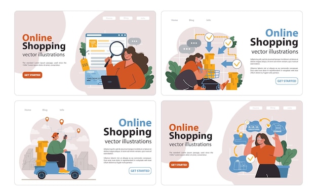 Banner web de comercio electrónico o página de aterrizaje establecido carácter de compra en línea compra de bienes en un sitio web o