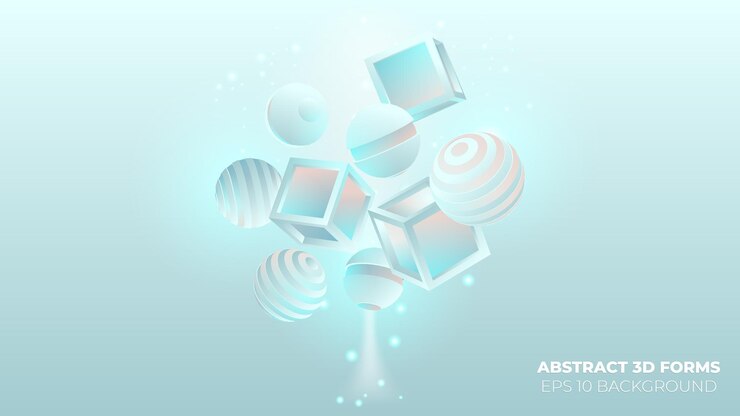 Banner web contemporáneo con formas abstractas 3d púrpura sobre fondo colorido