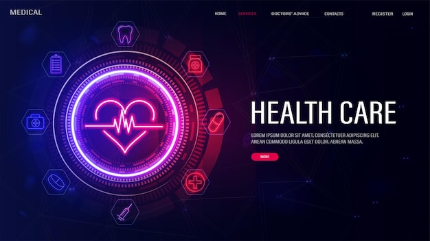 Un banner web con un corazón de neón con un cardiograma en un marco multifacético brillante con íconos de medicina una jeringa una tableta una cruz un diente Un concepto sobre el tema de la atención médica en colores azul y rosa