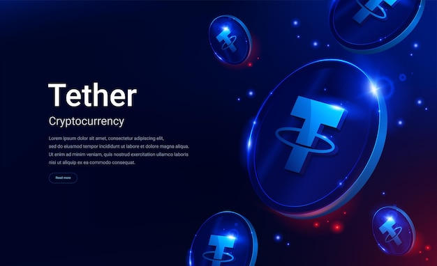 Vector banner web de criptomonedas tether o usdt con iluminación azul y roja tecnología digital fiat blockchain ilustración vectorial