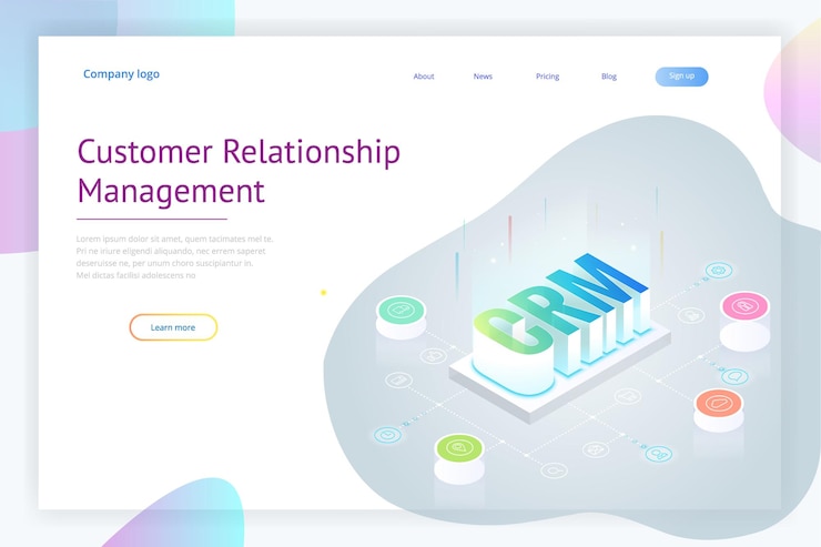 Vector banner web de crm isométrico concepto de gestión de relaciones con el cliente ilustración de vector de tecnología de internet empresarial