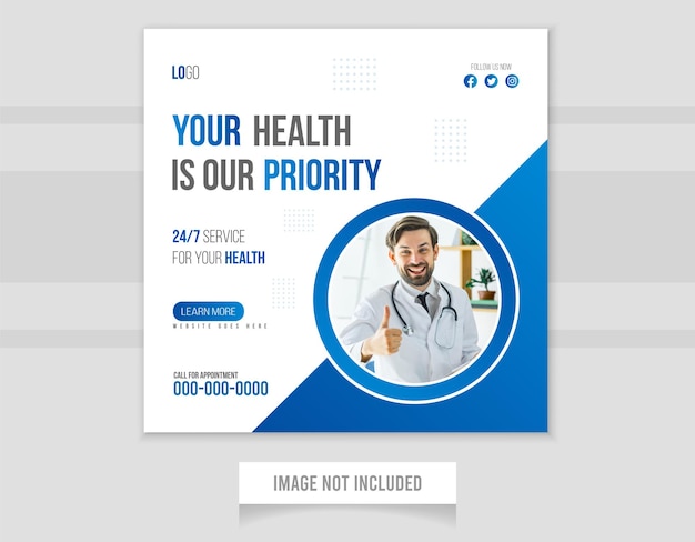 Banner web cuadrado de promoción de diseño de plantilla de publicación de redes sociales médicas o de atención médica para hospital