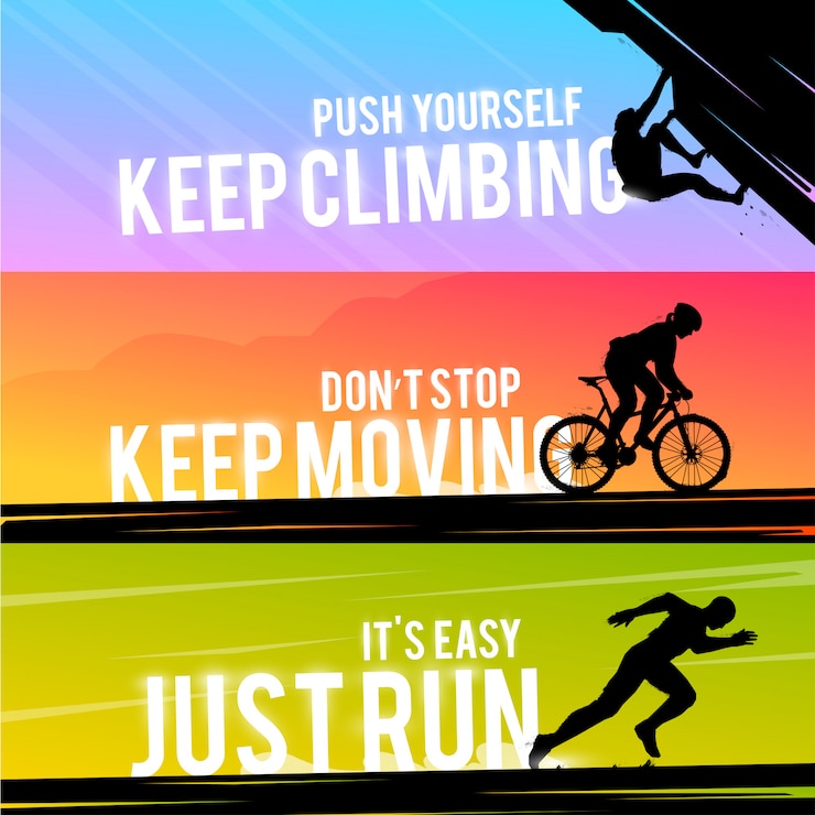 banner web deportivo. Concepto motivacional. La silueta del motorista. Silueta del corredor. Hombre que corre. La silueta del escalador. Deportes extremos al aire libre.