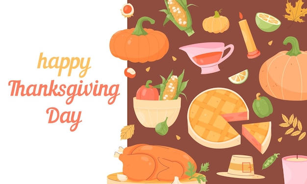 Banner web del Día de Acción de Gracias Ingredientes para una cena de Acción de gracias Torta de calabaza de maíz de pavo