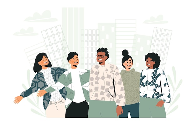 Vector banner web del día de la amistad feliz jóvenes caminando en el paisaje urbano ecológico de la ciudad ecológica verde unidad en la diversidad grupo diverso de amigos abrazándose juntos ilustración vectorial plana