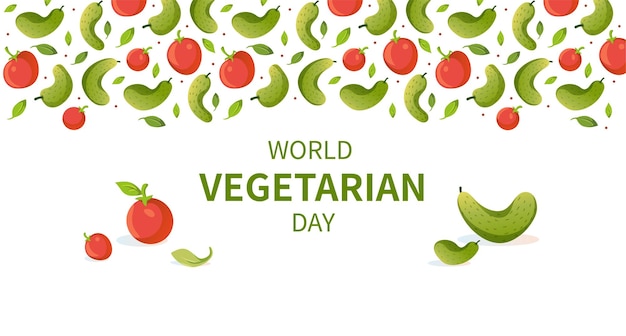 Banner web del día vegetariano mundial Patrón de pepino y tomate sin costuras para veganos Vector ilustración plana Excelente tarjeta de regalo