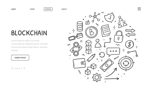 Banner web dibujado a mano de elementos de blockchain estilo de boceto concepto de comercio electrónico de criptomonedas ilustración para la plantilla de diseño de página de destino del sitio web de banner