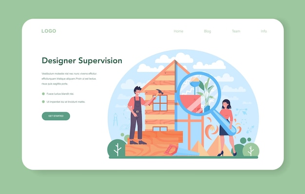 Banner de web de diseñador de interiores o página de destino. Decorador planificando el diseño de una casa, eligiendo el color de la pared y el estilo de los muebles. Renovación de viviendas. Ilustración de vector plano aislado