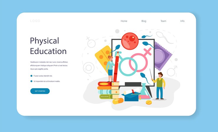 Vector banner de web de educación sexual o página de destino. lección de salud sexual para jóvenes. sistema de anticoncepción y reproducción. desarrollo de la pubertad. ilustración de vector aislado