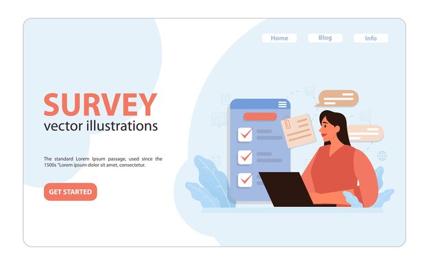Banner web de encuesta de opinión pública o página de aterrizaje participación de personaje femenino en una encuesta en línea