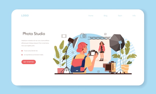 Banner web de estudio fotográfico o estudiantes de página de destino que aprenden a tomar fotos