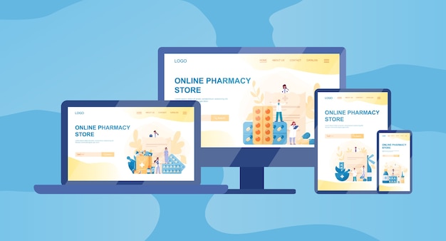 Vector banner web de farmacia en línea en diferentes dispositivos, computadoras, computadoras portátiles