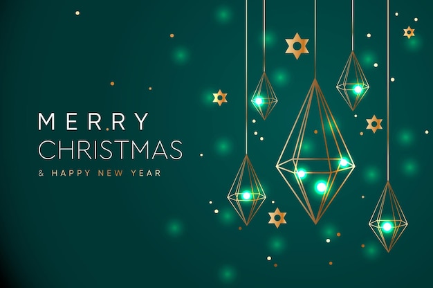 Banner web de feliz Navidad y próspero año nuevo con decoración de cristal dorado Fondo geométrico