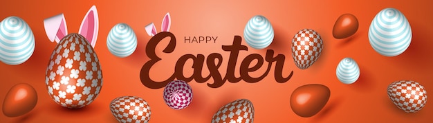 Banner web festivo de Pascua Diseño de fondo de huevo colorido plantilla de encabezado de conejo de Pascua de primavera